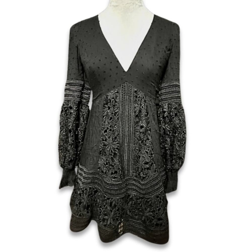 Bardot Mariah Babydoll Dress Long Sleeves Swiss Dot Lace Detailing Black XS NWOT - Picture 2 of 9